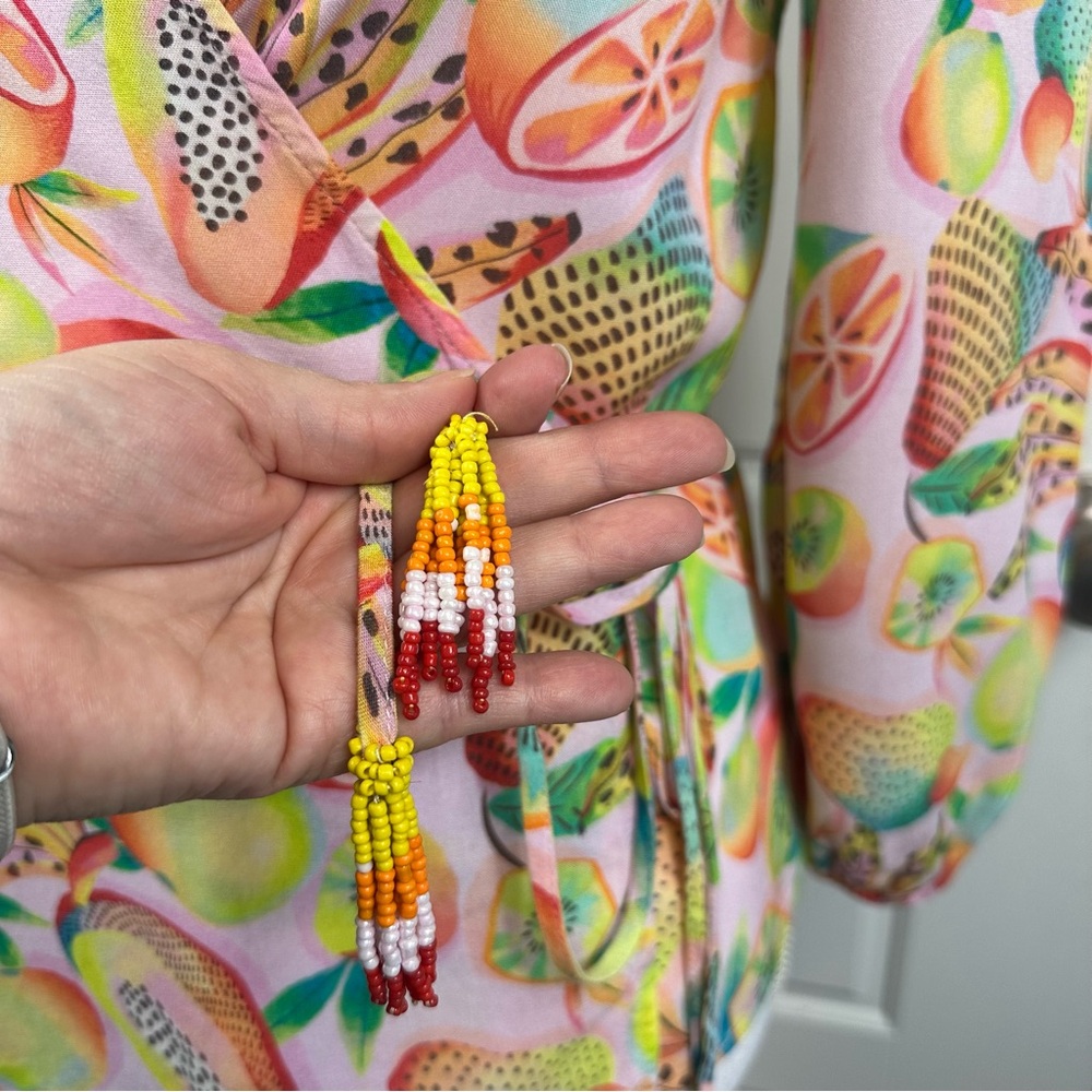 Farm Rio Anthropologie Rainforest Boho Colorful Wrap Blouse Beaded Ties Size XS - Picture 6 of 10